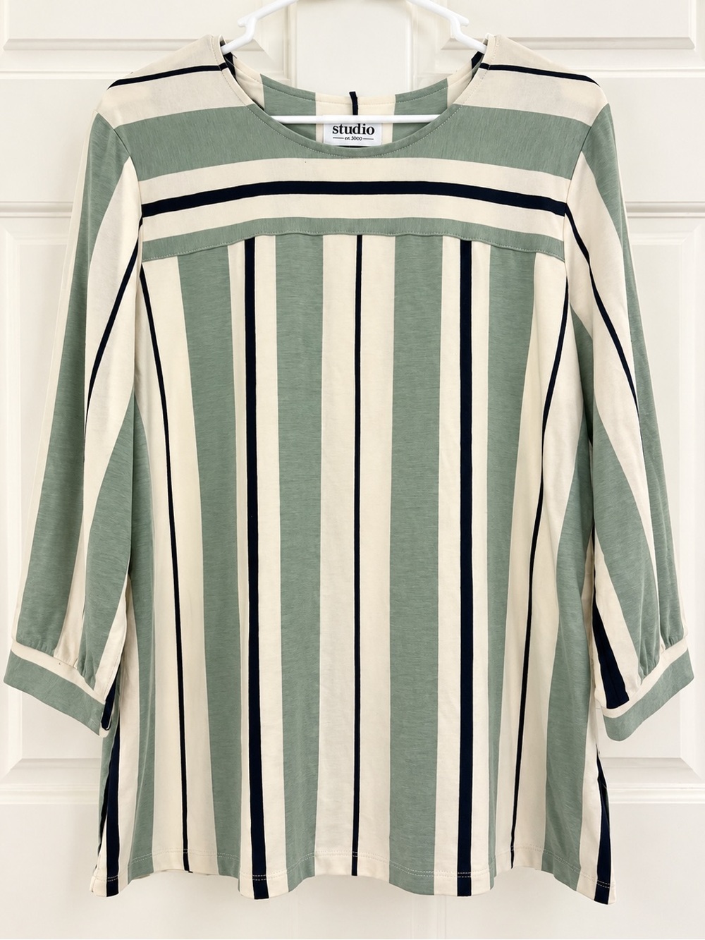 Studio by D&Co Striped Tunic Top Size L Green White 3/4 Sleeve Blouse